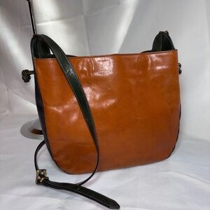 FURLA Vintage Brown Croc Trimmed Leather Bucket Bag